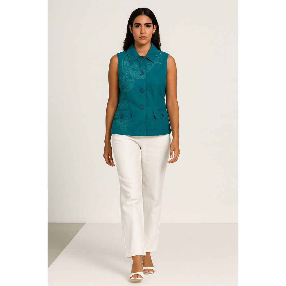 Chico's Women's Green Size 0/ US Size 4-6 Embroidered Sleeveless Button Up Vest